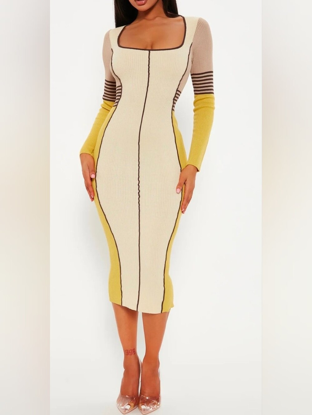 Fashion Nova Cream & Yellow Ribbed Long Sleeve Midi Dress